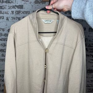 Orvis | women vintage lightweight tan jacket with leather accents